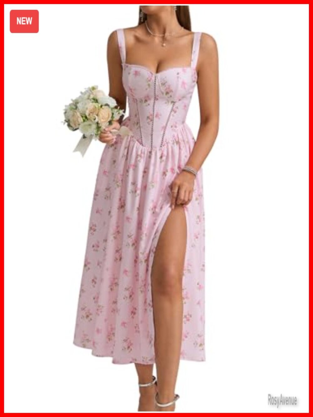 Floral Corset Midi Dress Lace Square Neck Smocked A-Line Wedding Guest